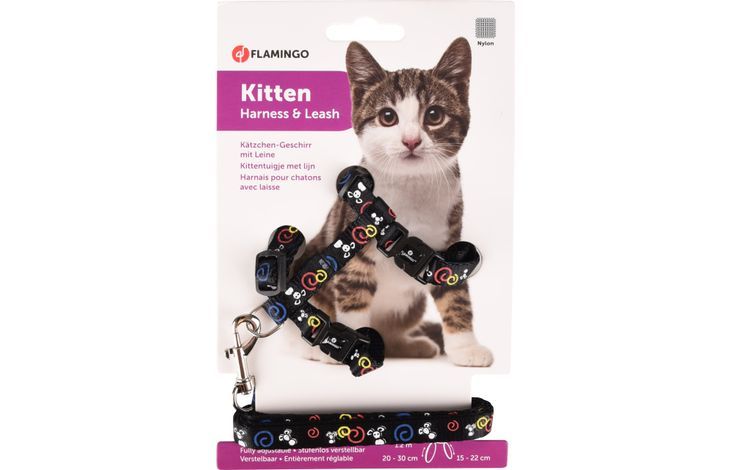 Flamingo Topo Mouse Motif Kitten Harness & Leash Black 20-35cm 10mm -