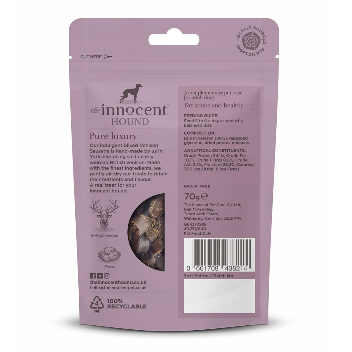 The Innocent Hound Sliced Venison with Potato Dog Sausages 70g - 70g