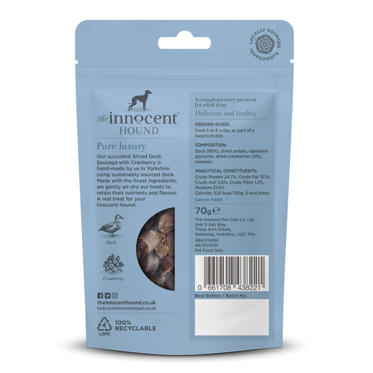 The Innocent Hound Sliced Duck with Cranberry Dog Sausages 70g - 70g