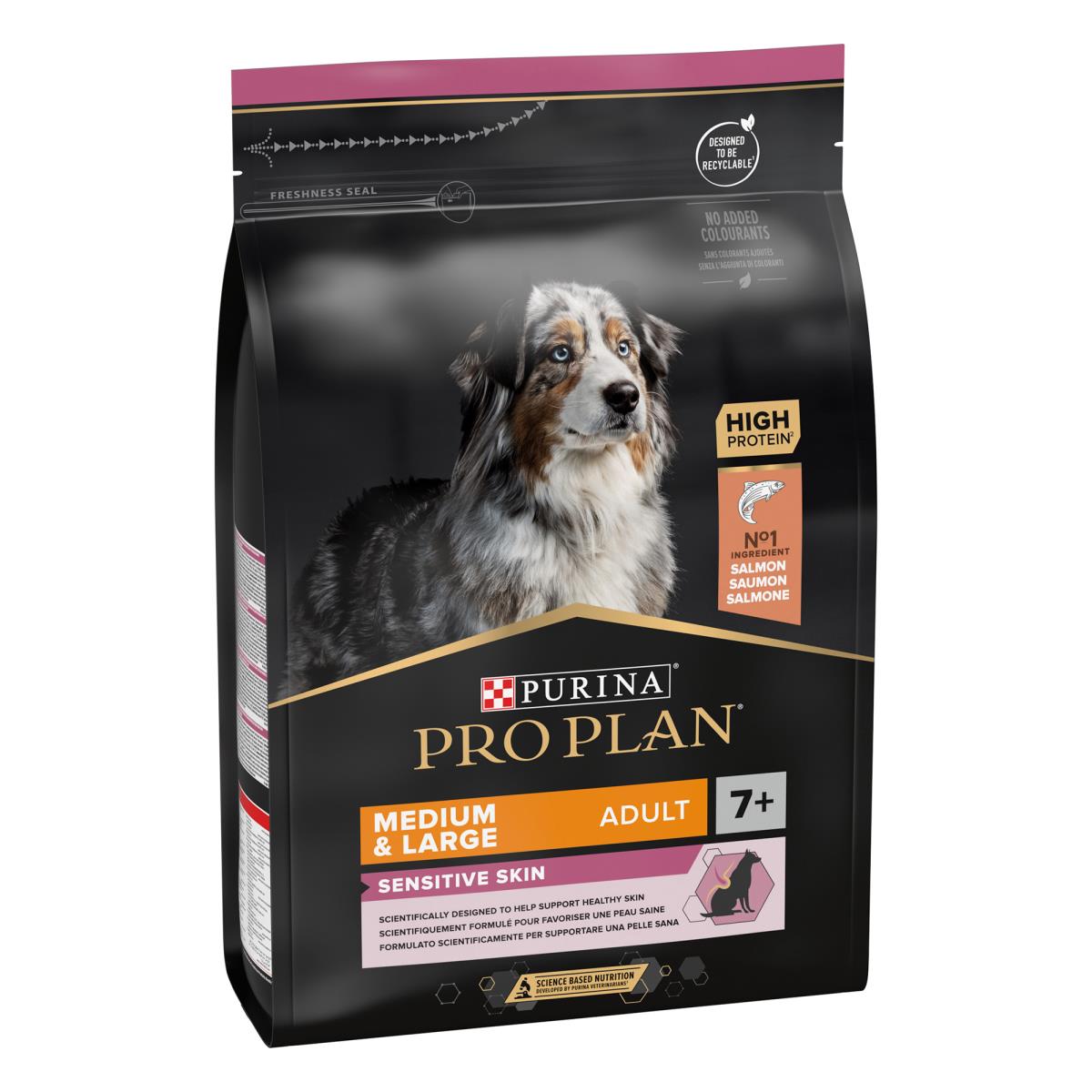 PRO PLAN SENSITIVE SKIN MEDIUM AND LARGE SENIOR 7+, DRY DOG FOOD WITH SALMON, 3 KG