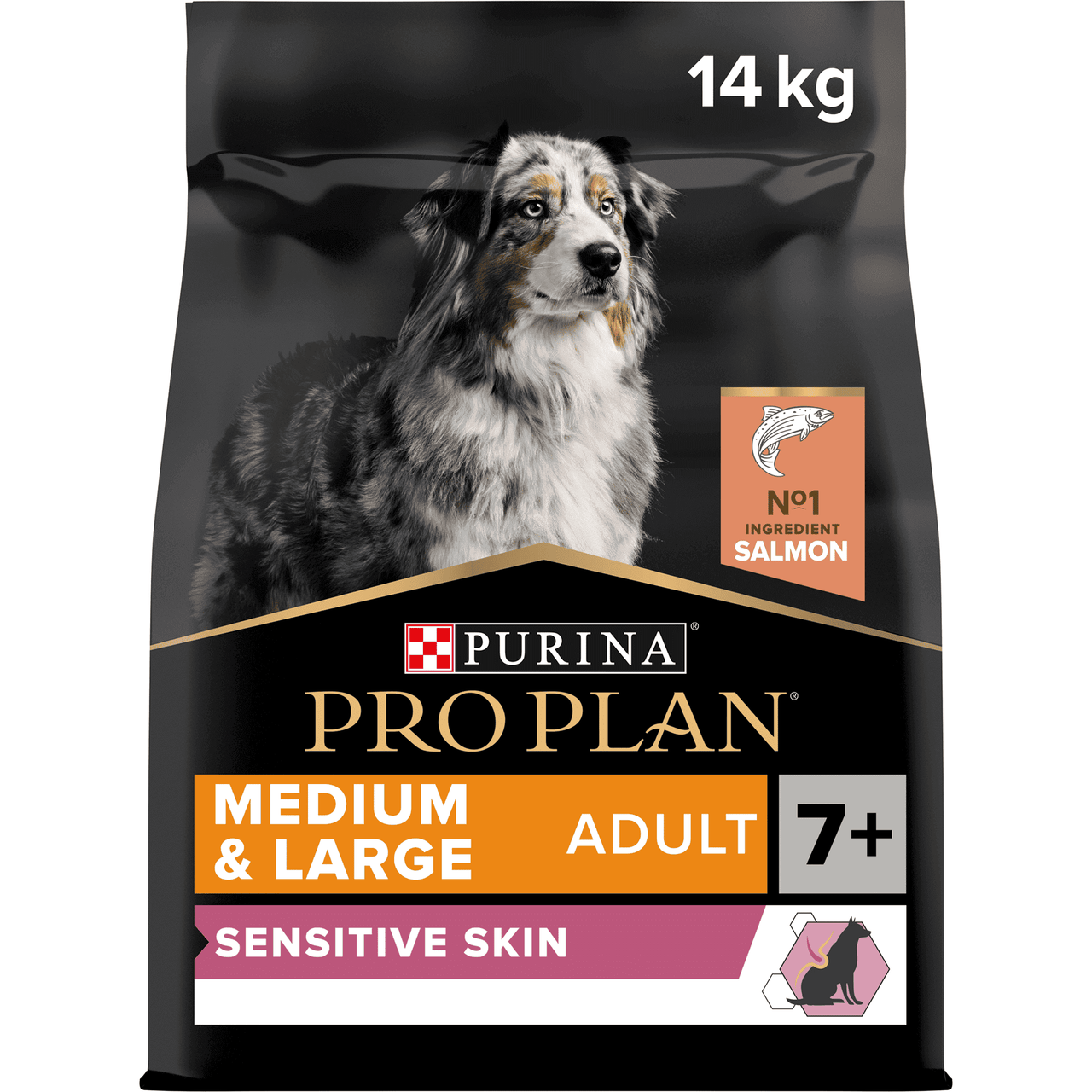 PRO PLAN SENSITIVE SKIN MEDIUM AND LARGE SENIOR 7+, DRY DOG FOOD WITH SALMON, 14 KG