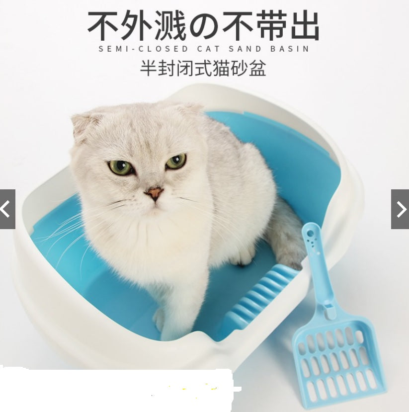 Cat Litter Box Full Semi-enclosed Anti Spill Cat Toilet Large Small Cat Poop Basin - light-blue