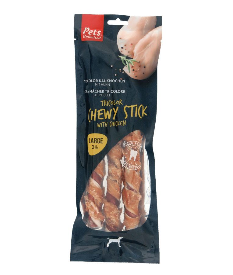 Pets Unlimited Tricolor Chewy Stick with Chicken Large Dog Treats 3pcs -