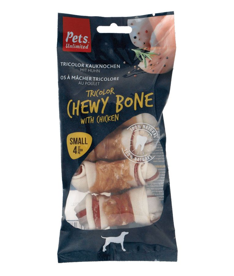 Pets Unlimited Tricolor Chewy Bone with Chicken Small Dog Treats 4pcs  -
