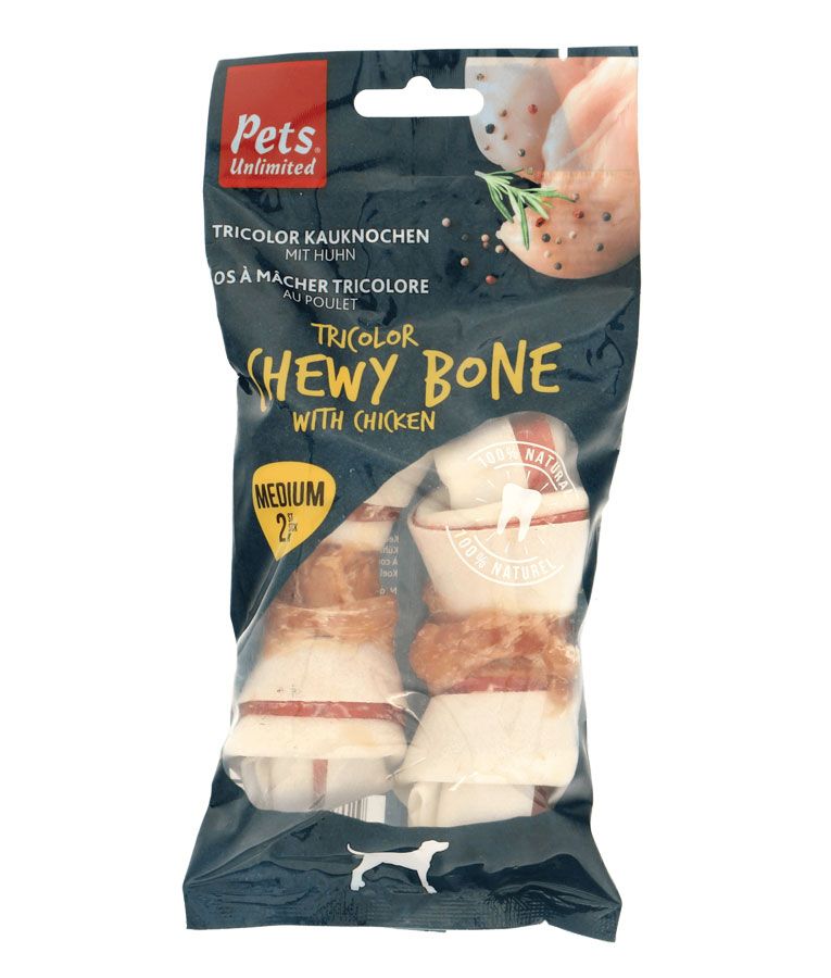 Pets Unlimited Tricolor Chewy Bone with Chicken Medium Dog Treats 2pcs  -