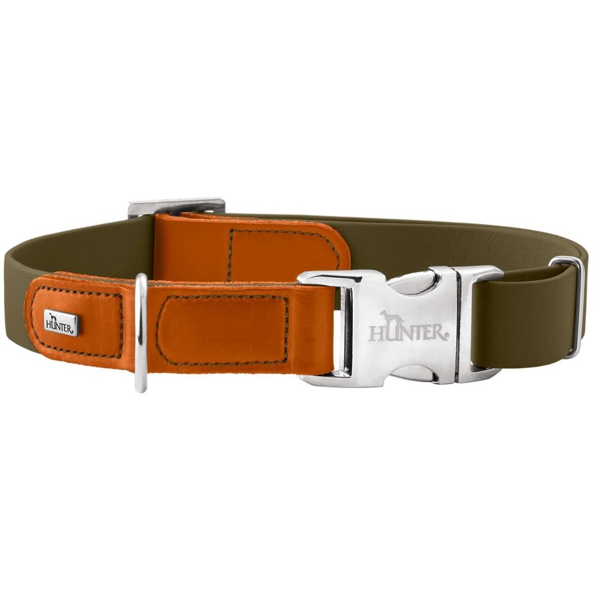 Hunter Wolmar Alu-Strong BioThane x Leather Dog Collar - Khaki-Orange Medium
