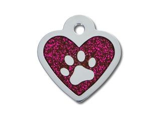 ID Tag Heart Epoxy Pink Glitter Paw  - Small