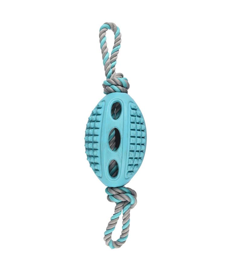 Flamingo Drury Rubber Rugby Ball with Tug Rope Dog Toy  - BLUE