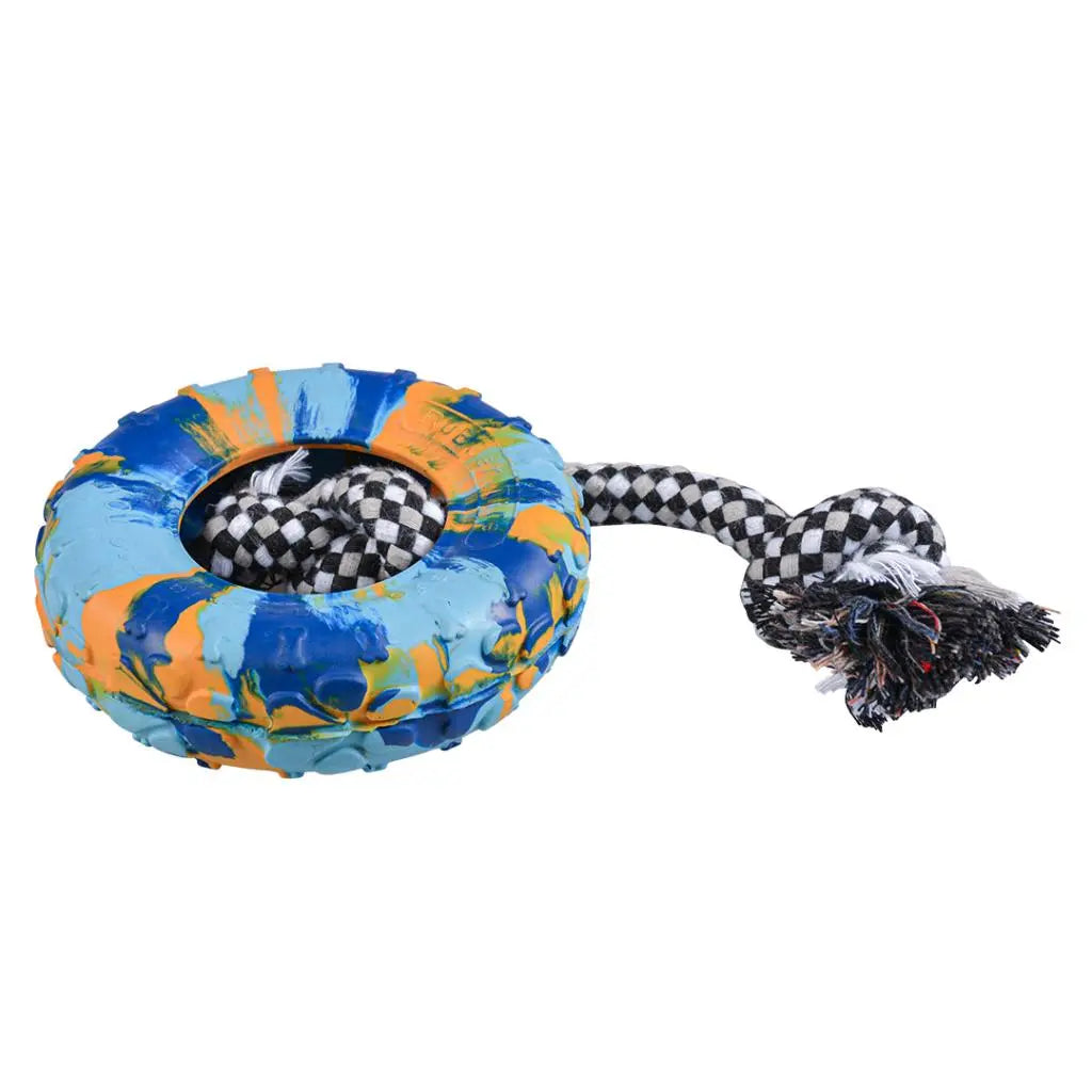 Duvo+ Rubber Tire Smash & Cotton Rope Multicolour[Size - S, Dimension - 28x14x4.1cm]