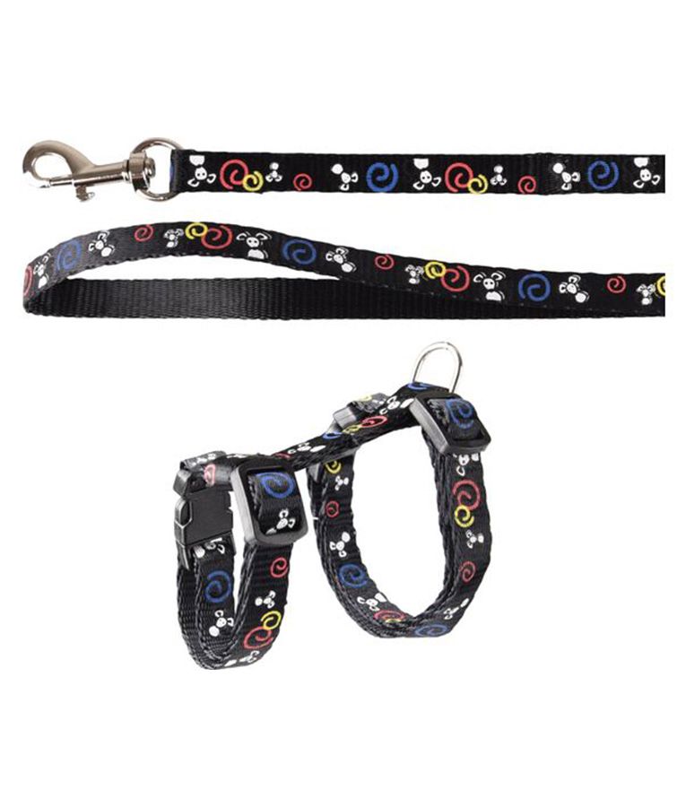 Flamingo Topo Mouse Motif Kitten Harness & Leash Black 20-35cm 10mm -