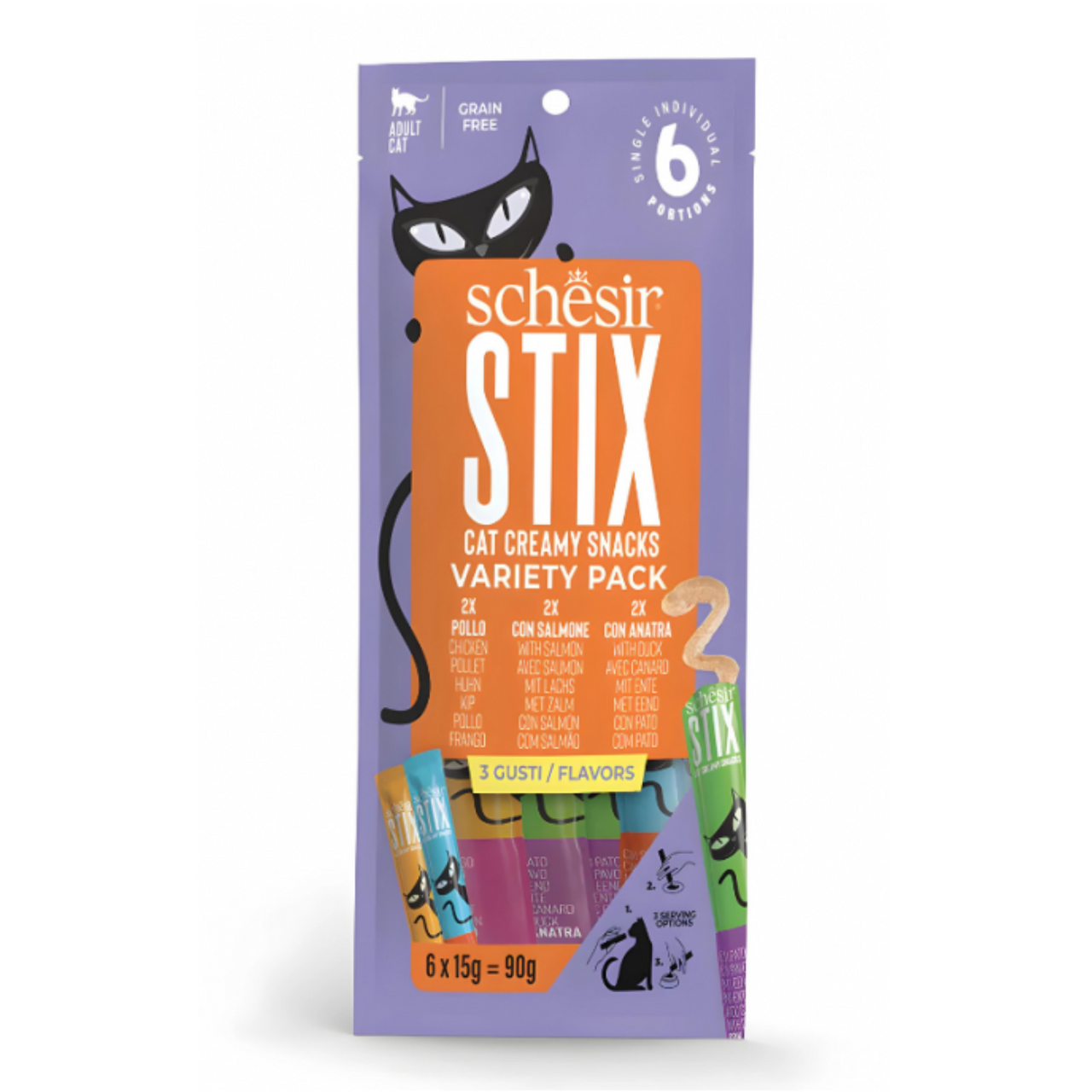 Schesir Stix Treat Variety Pack  6x15g - Mixed Flavors: Chicken,Duck & Salmon, (Min Order- 12 Pack)