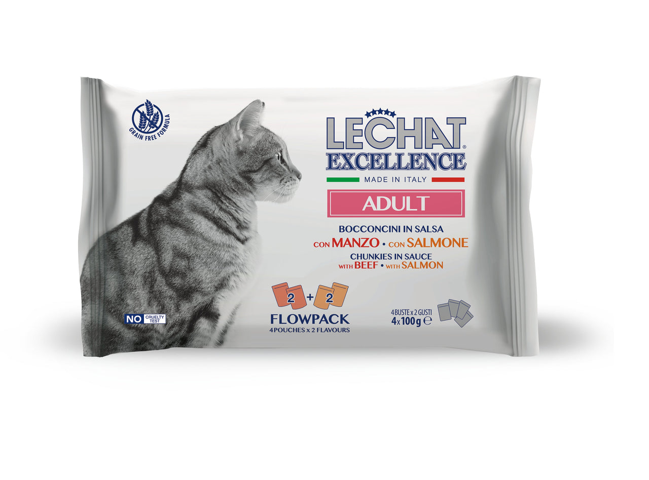 Excellence - Cat Wet Pouches Flow Pack ADULT beef/salmon - Pack of 4