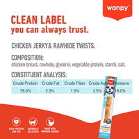 Wanpy Chewy 10″ Chicken Jerky & Rawhide Twists 70g