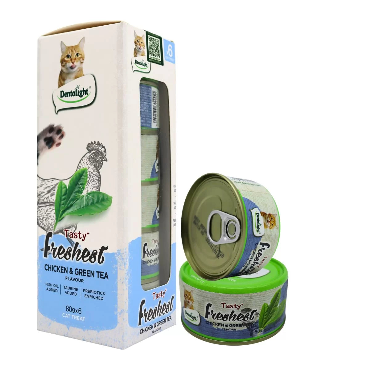 Dentalight Tasty Freshest Cat Treat in Can Chicken & Green Tea 6x80g [Box Code:11636] - (MOQ:6pcs)