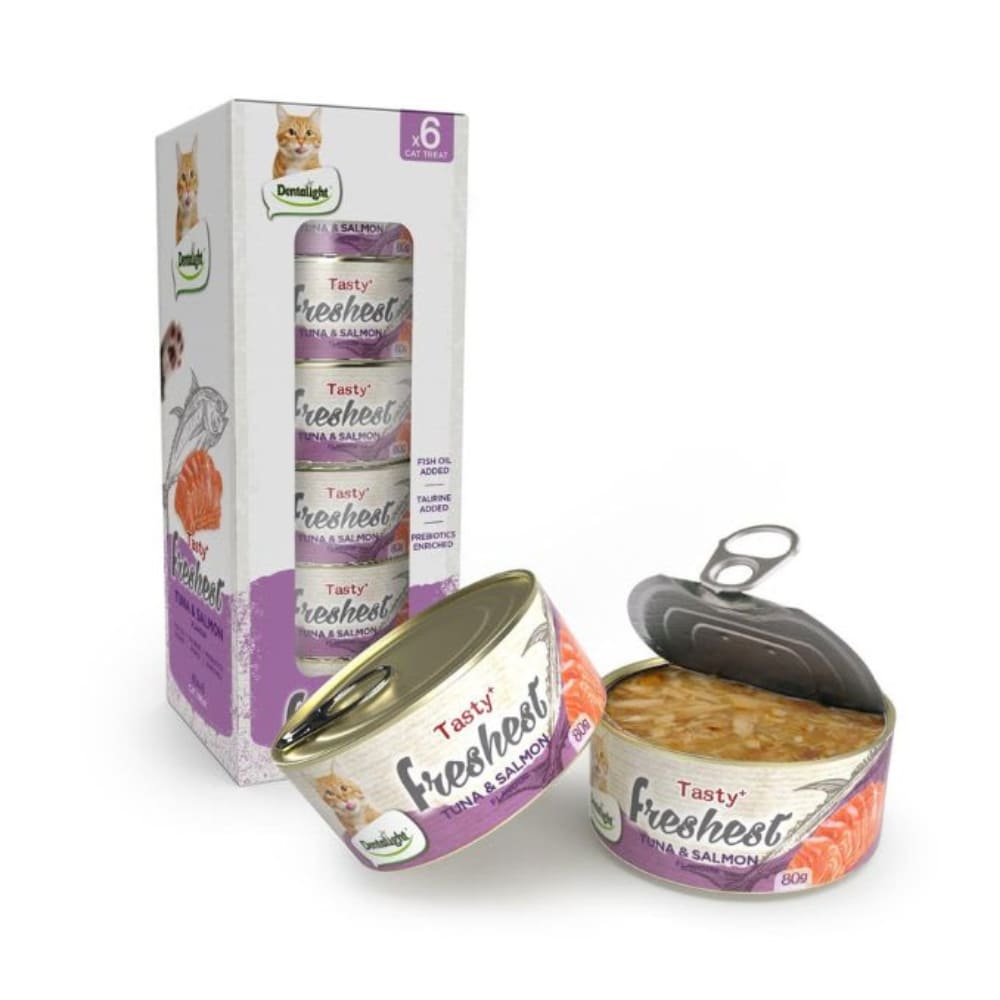 Dentalight Tasty Freshest Cat Treat in Can Tuna & Salmon 6x80g [Box Code:11599] -(Min Order Qty - 6 pcs)