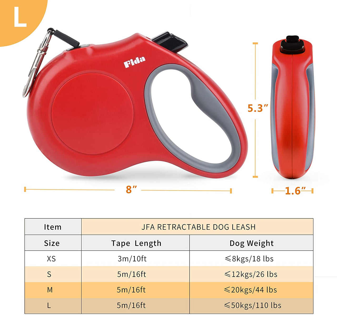 Fida Retractable Dog Leash (JFA Series) - red