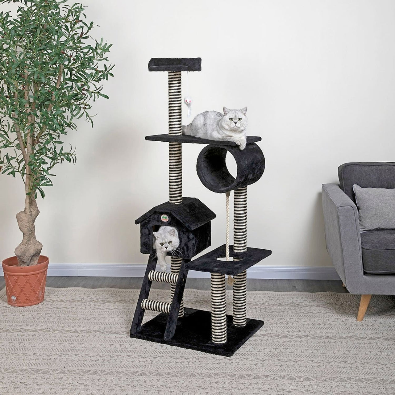 Go Pet Club 60″ Black Cat Tree Condo with Sisal Covered Posts