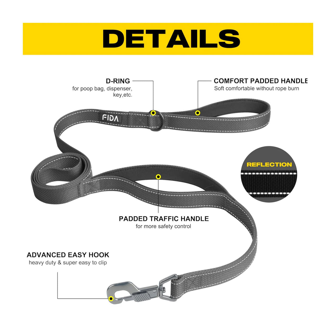 Fida Heavy Duty Dog Leash - 6ft - black