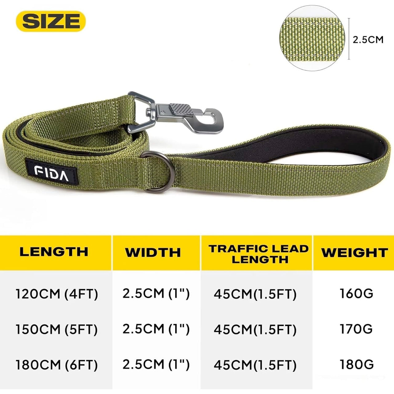 Fida Heavy Duty Dog Leash - 5ft - yellow