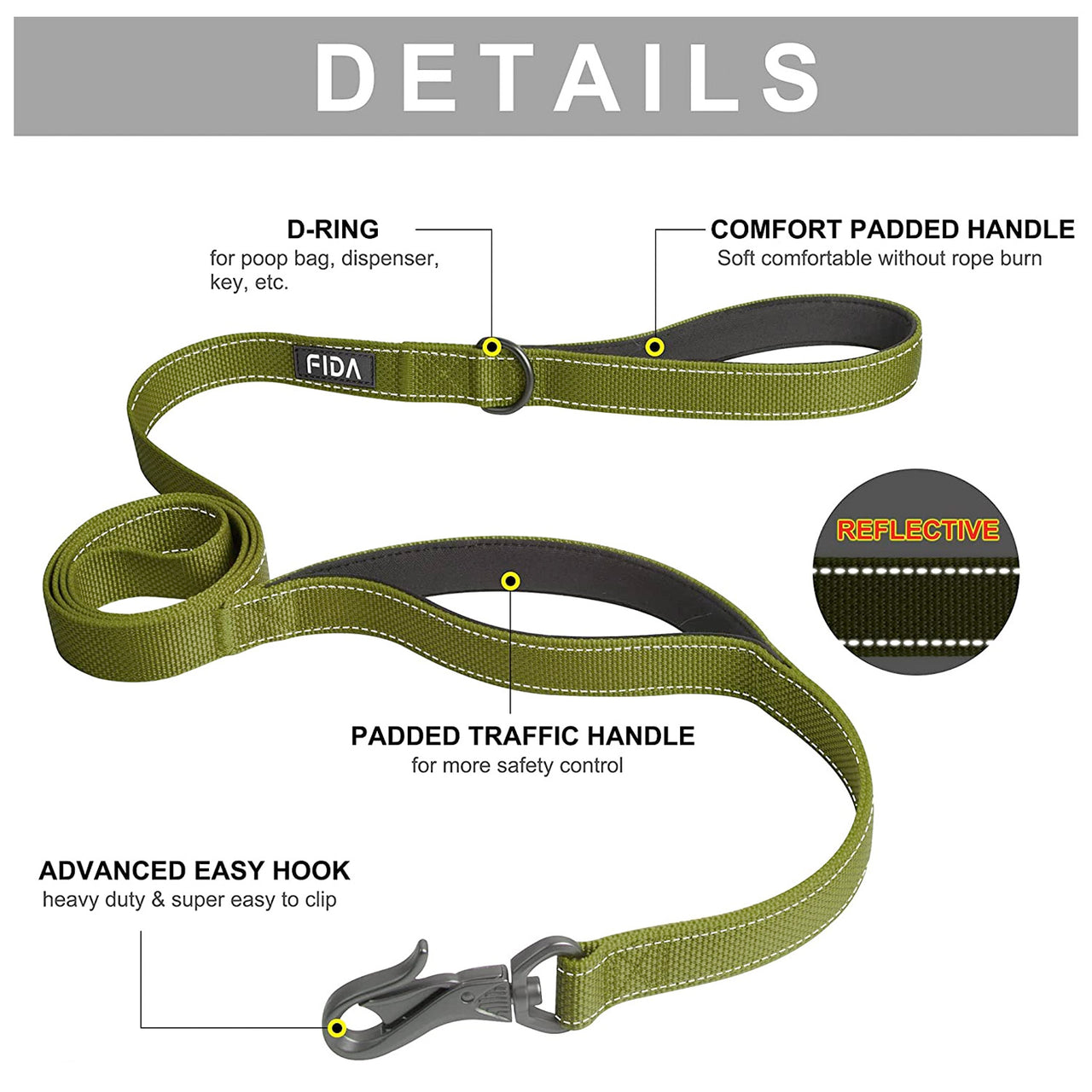 Fida Heavy Duty Dog Leash – Yellow - 5ft