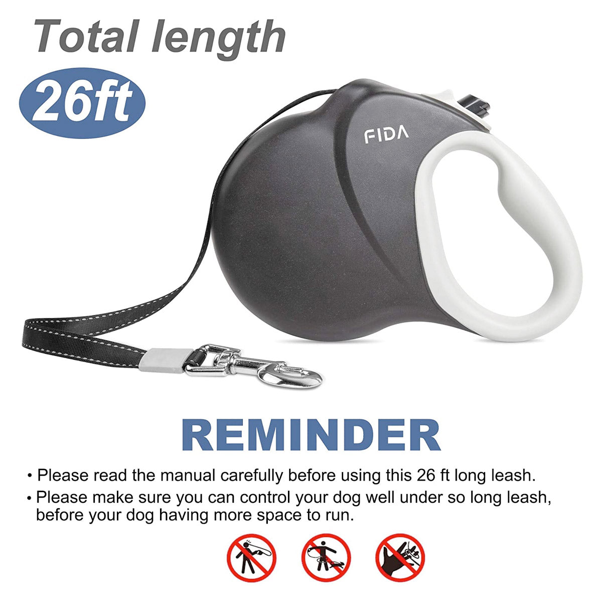 Fida Heavy Duty Retractable Dog leash 26ft (8m) - black