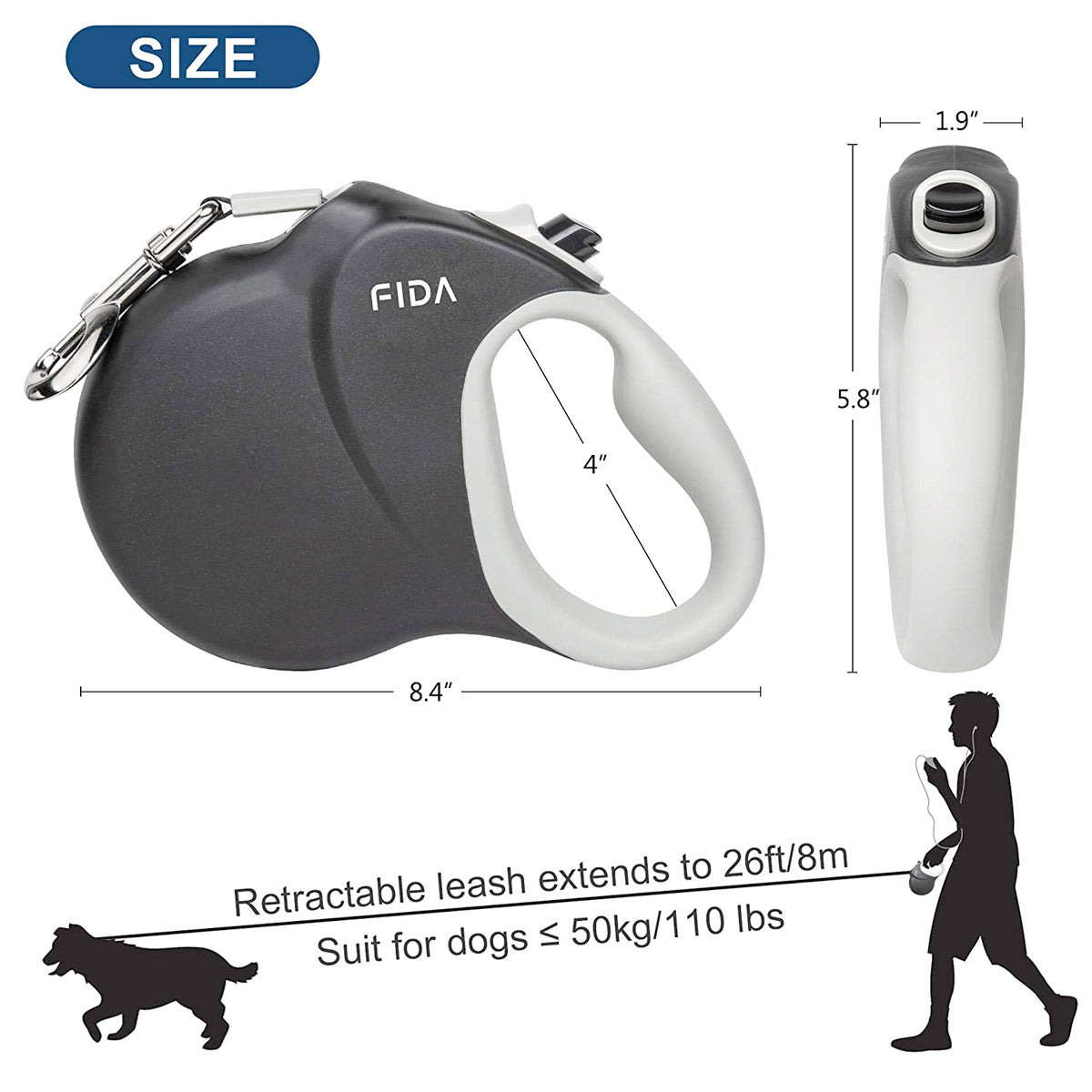 Fida Heavy Duty Retractable Dog leash 26ft (8m) - black