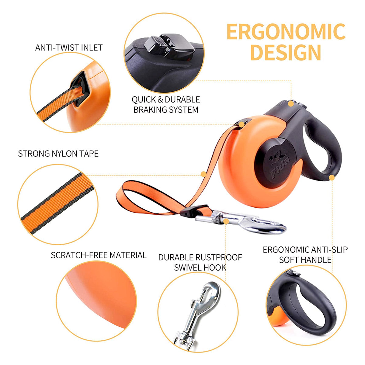 Fida Retractable Dog Leash Heavy Duty (Mars Series) - M (5m / 16ft) - red