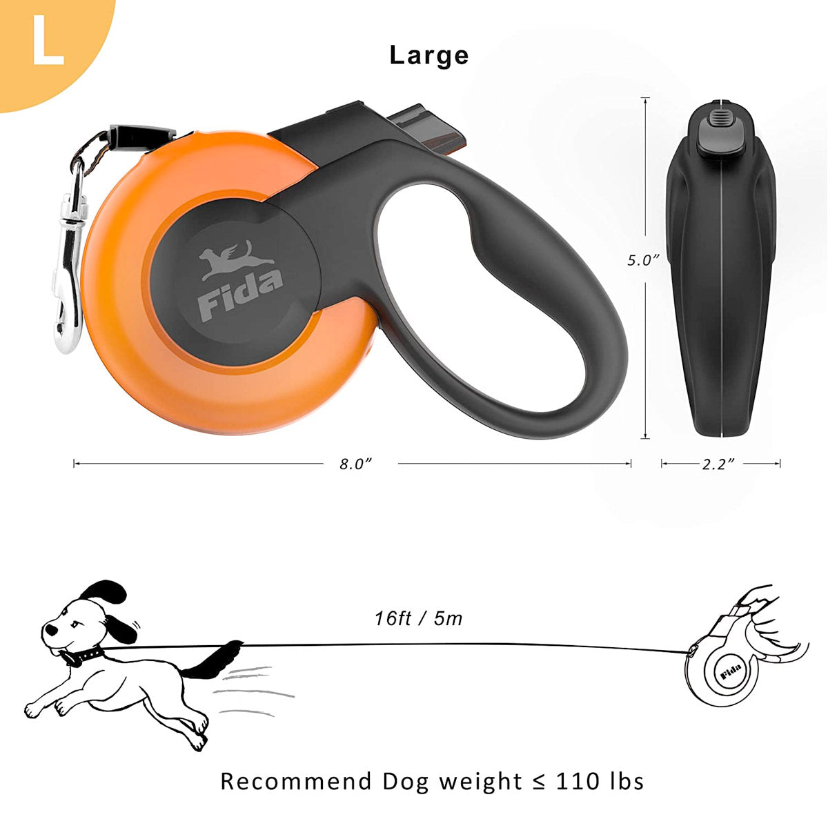 Fida Retractable Dog Leash Heavy Duty (Mars Series) - M (5m / 16ft) - red