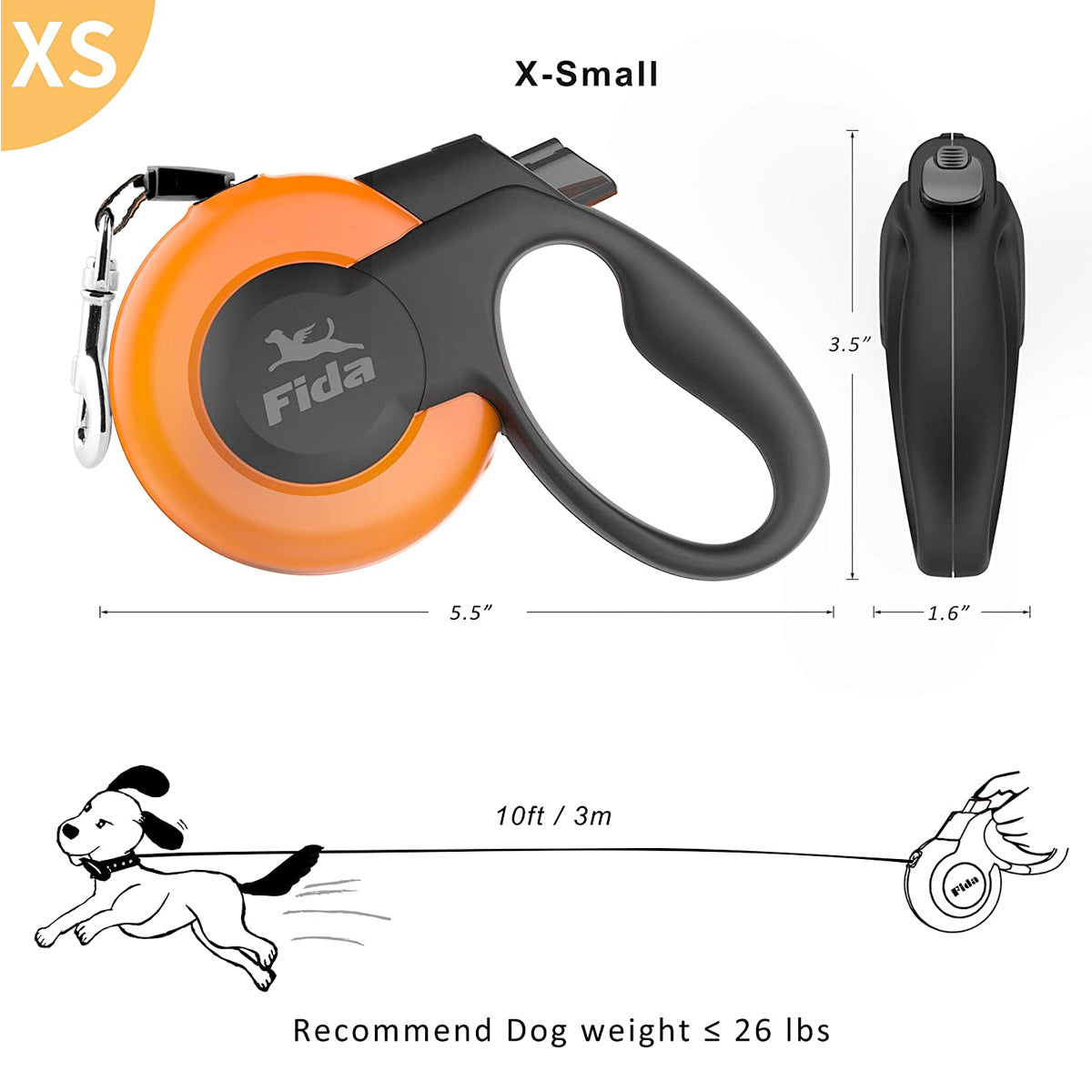 Fida Retractable Dog Leash Heavy Duty (Mars Series) - XS (3m / 10ft) - red