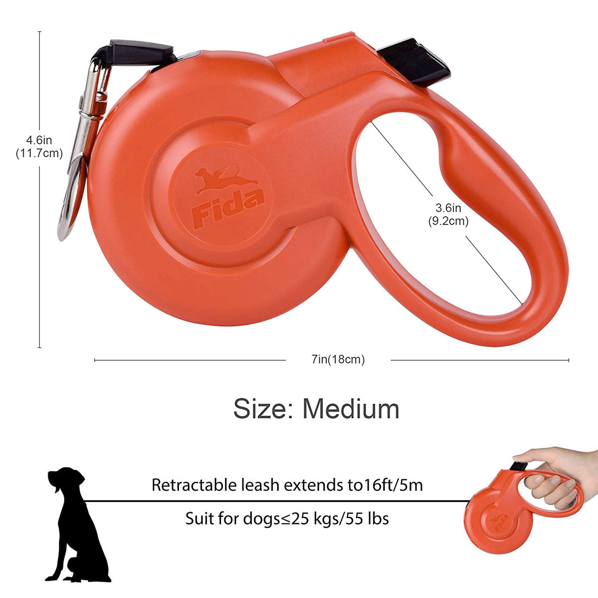 Fida Retractable Dog Leash Heavy Duty (Styleash Series) - M (5m / 16ft) - black