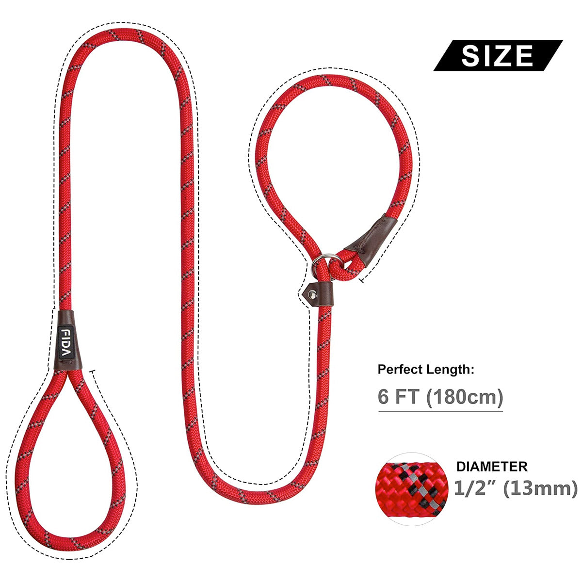 Fida Durable Slip Lead Dog Leash / Training Leash(6ft length, 1/2″ thick Rope) - red