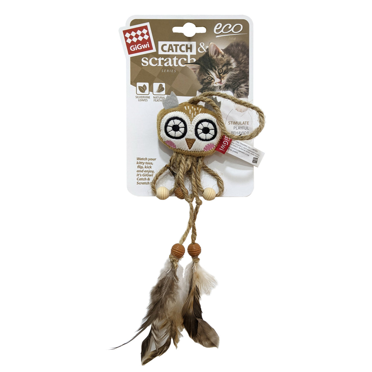 Owl Catch & Scratch Eco line with Slivervine Leaves and Natural Feather