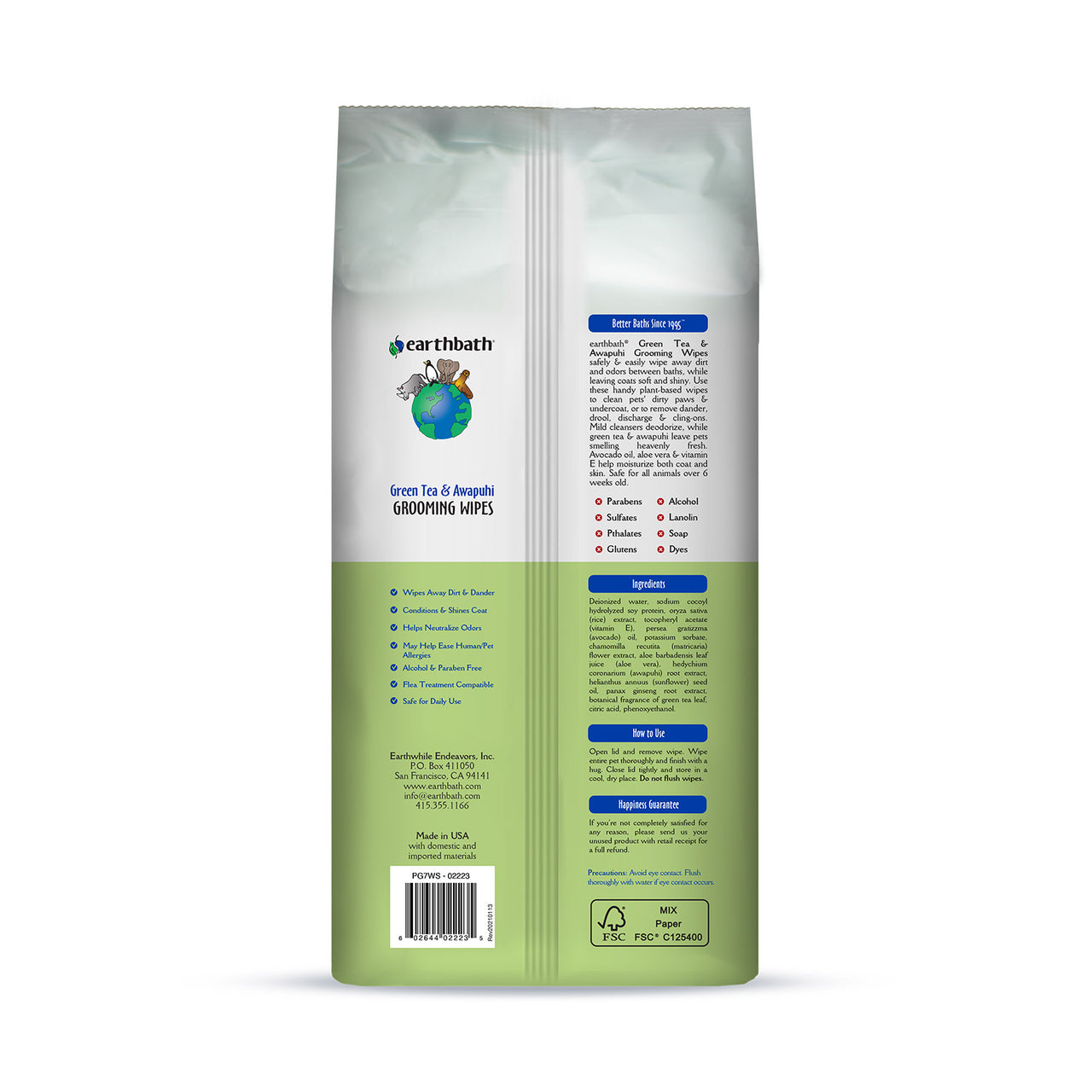 earthbath® Grooming Wipes, Green Tea & Awapuhi, 100 ct