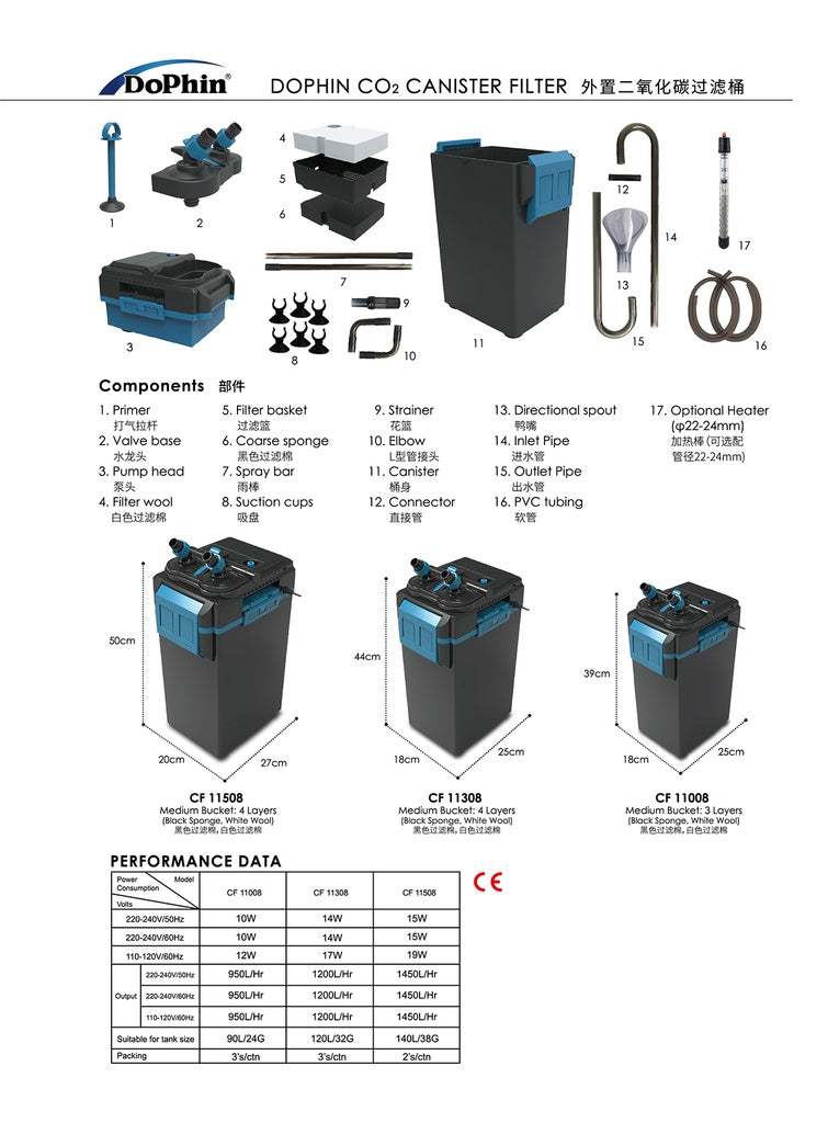 KW Zone Dophin CO2 Canister Filter (220-240V/50Hz) - Fast Start-Up[Flow - 1450L/h]