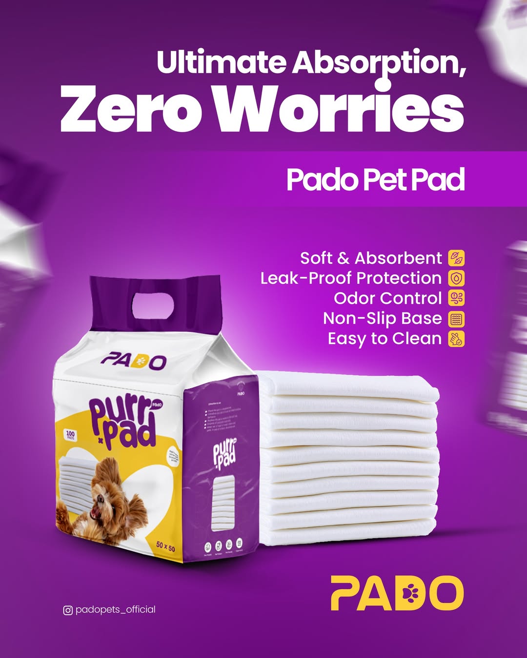 Pado Pet Pad - Advanced Layer Protection[Dimension - 60 x 60cm, Count - 40]