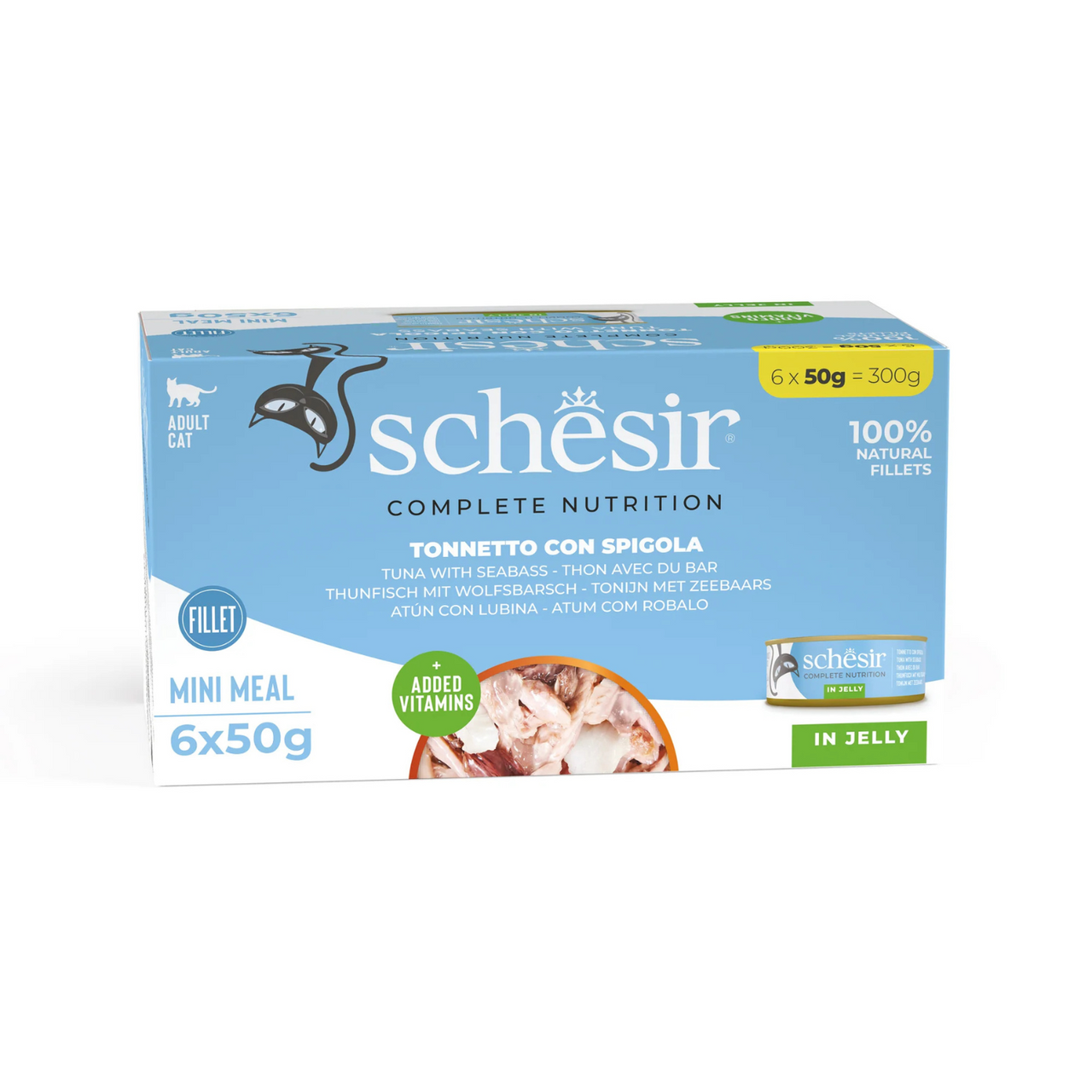 Schesir Complete & Balanced Nutrition Wet Cat Food in Jelly Can[Multi pack]- Tuna With Seabass-(6X50g)