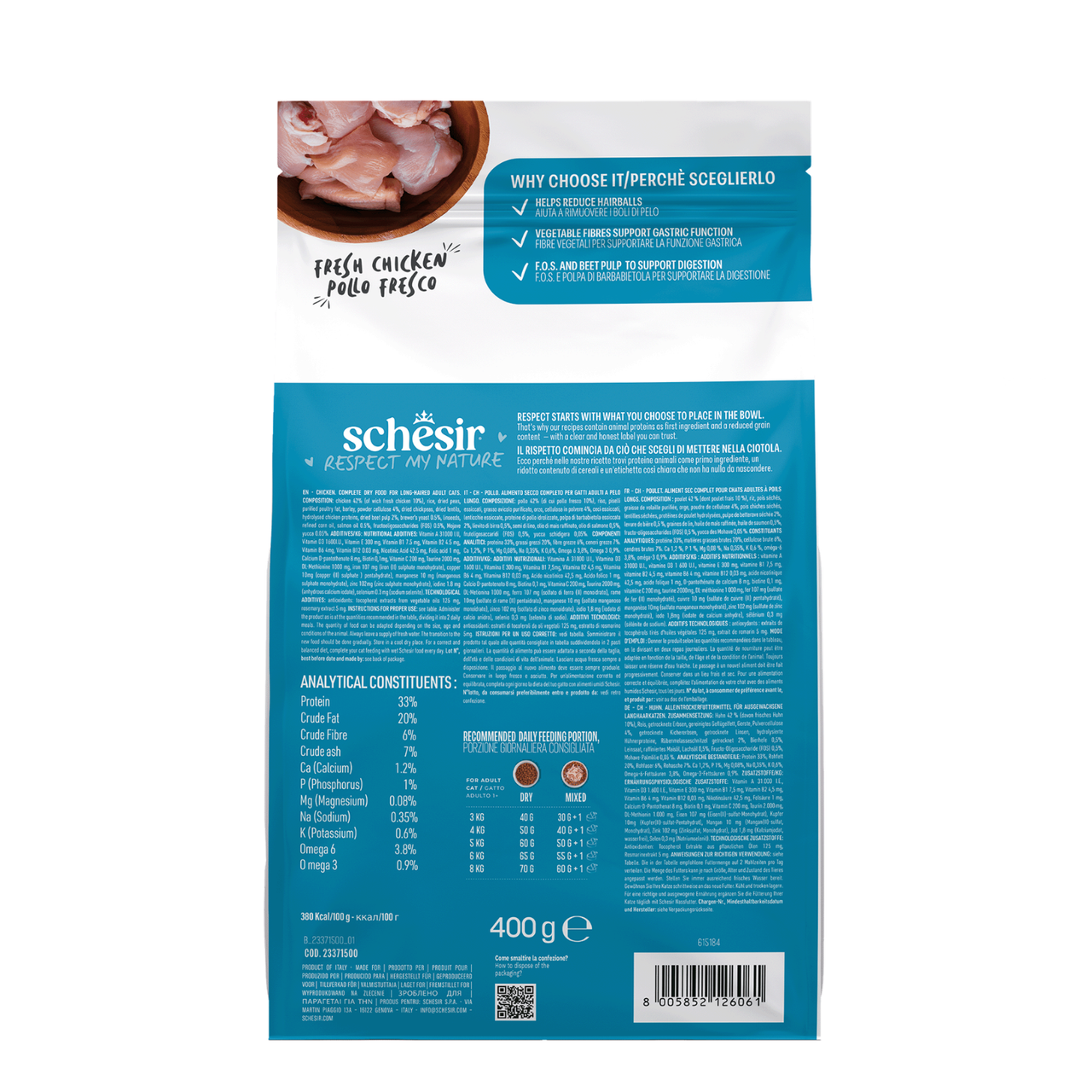 Schesir Monoprotein Adult Dry Cat Food –Hairball-Fresh Chicken-400g