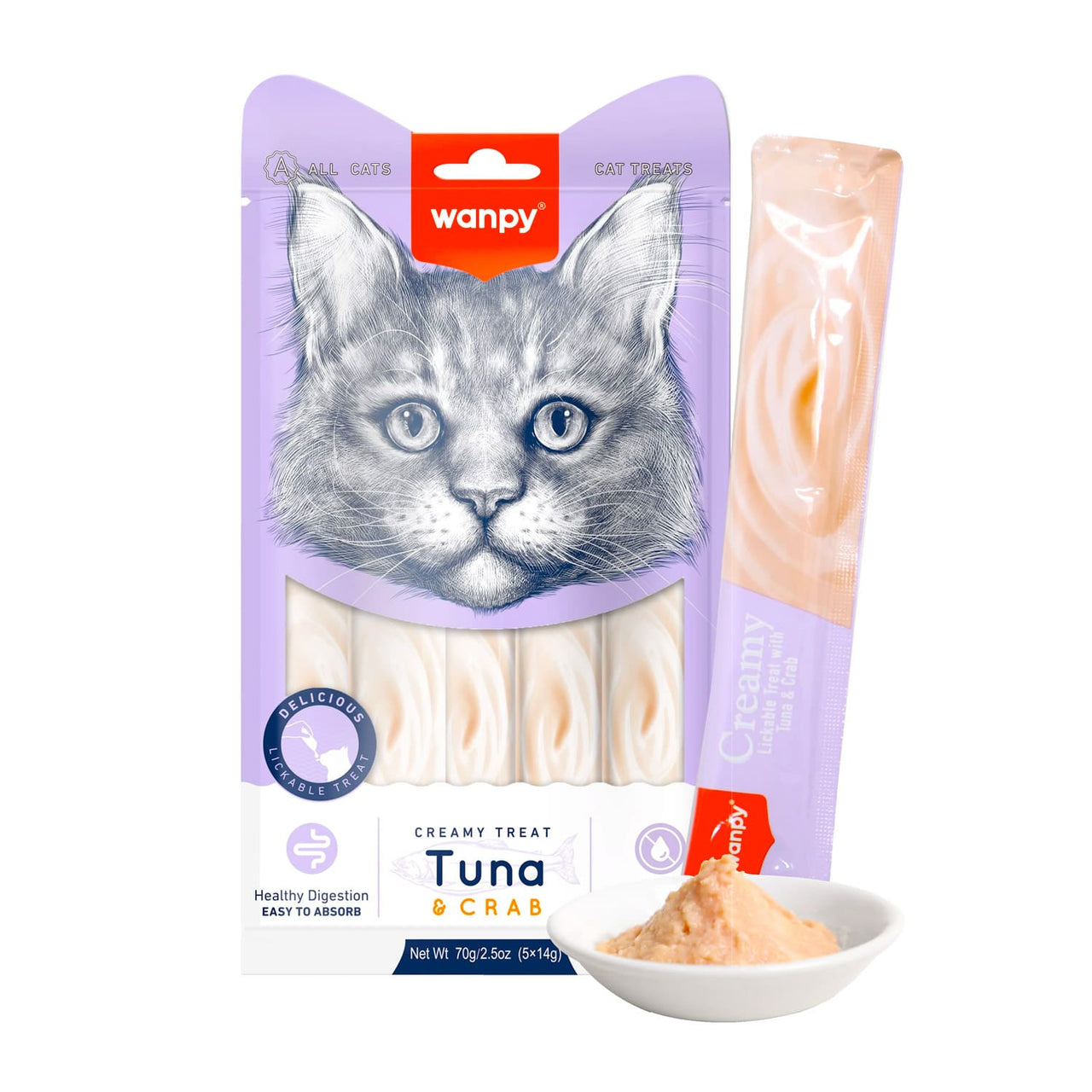 Wanpy Creamy Lickable Cat Treats – Tuna & Crab (14gx5) – 1Box 12pcs