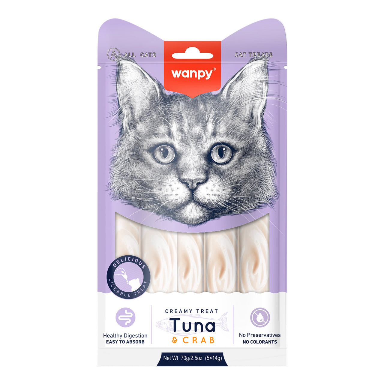 Wanpy Creamy Lickable Cat Treats – Tuna & Crab (14gx5) – 1Box 12pcs