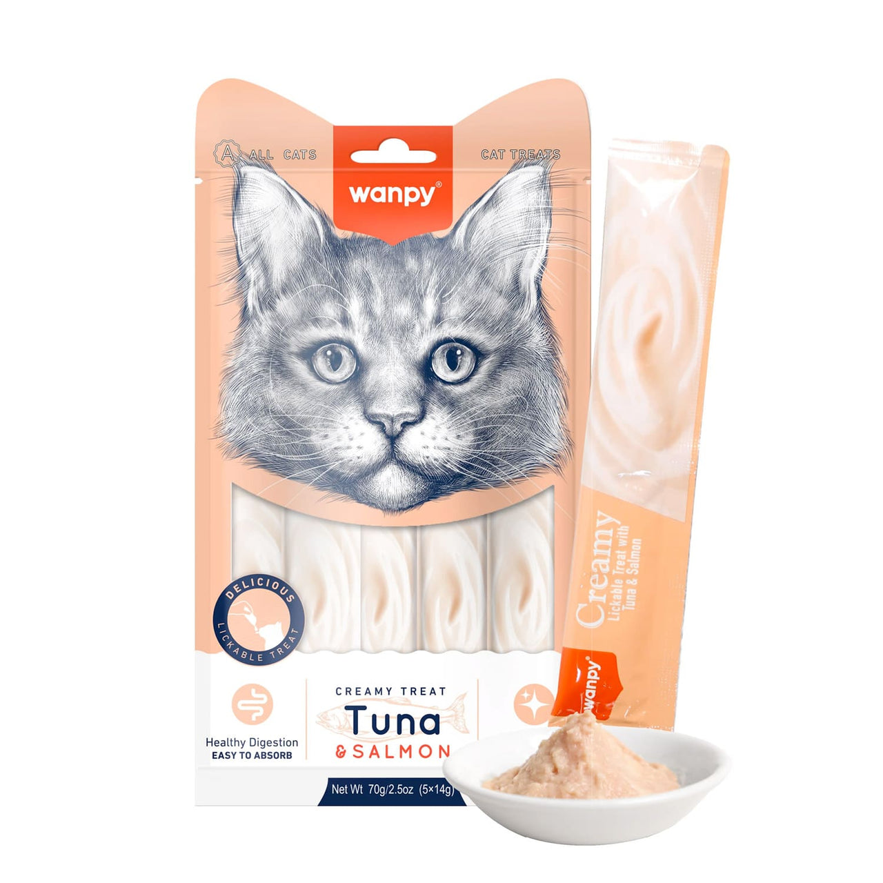 Wanpy Creamy Lickable Cat Treats – Tuna & Salmon (14gx5) – 1Box 12pcs