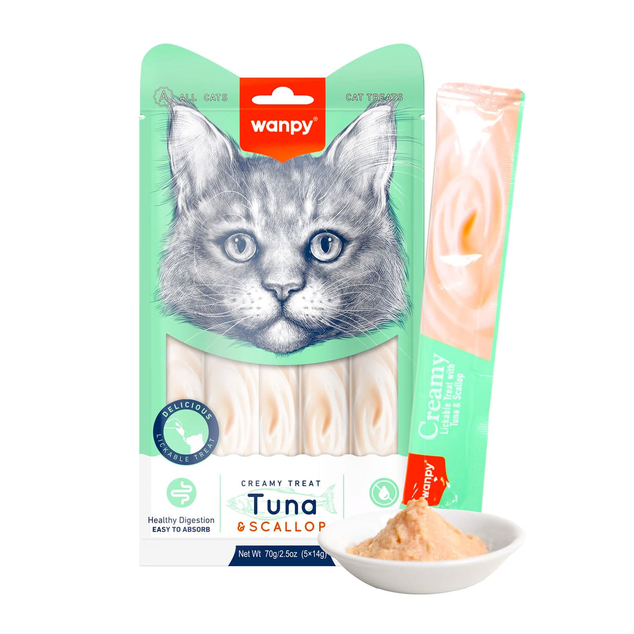 Wanpy Creamy Lickable Cat Treats – Tuna & Scallop (14gx5) – 1Box 12pcs