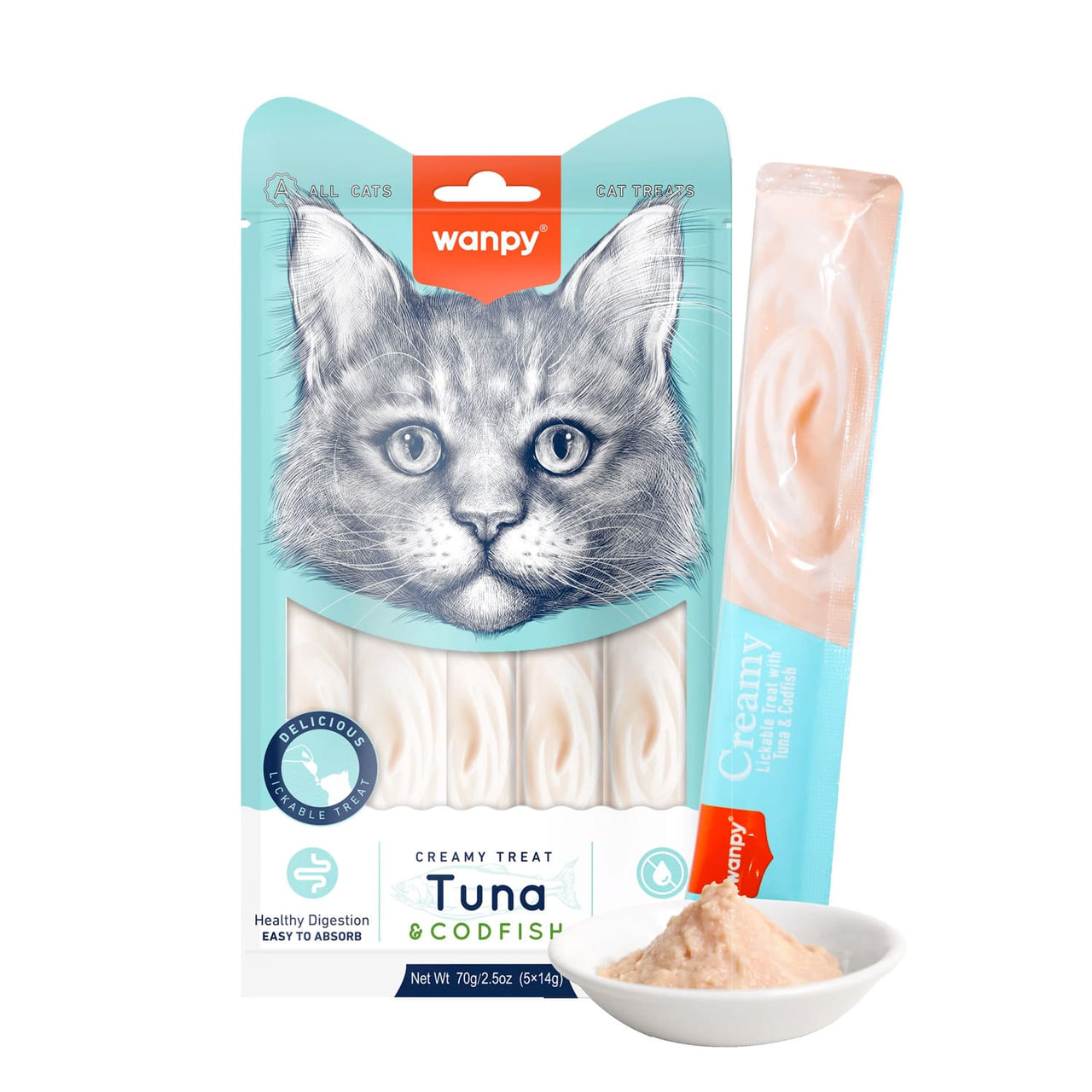 Wanpy Creamy Lickable Cat Treats – Tuna & Codfish (14gx5) – 1Box 12pcs