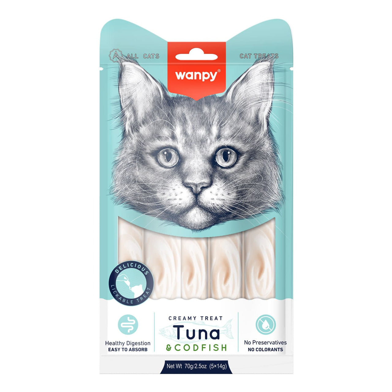 Wanpy Creamy Lickable Cat Treats – Tuna & Codfish (14gx5) – 1Box 12pcs