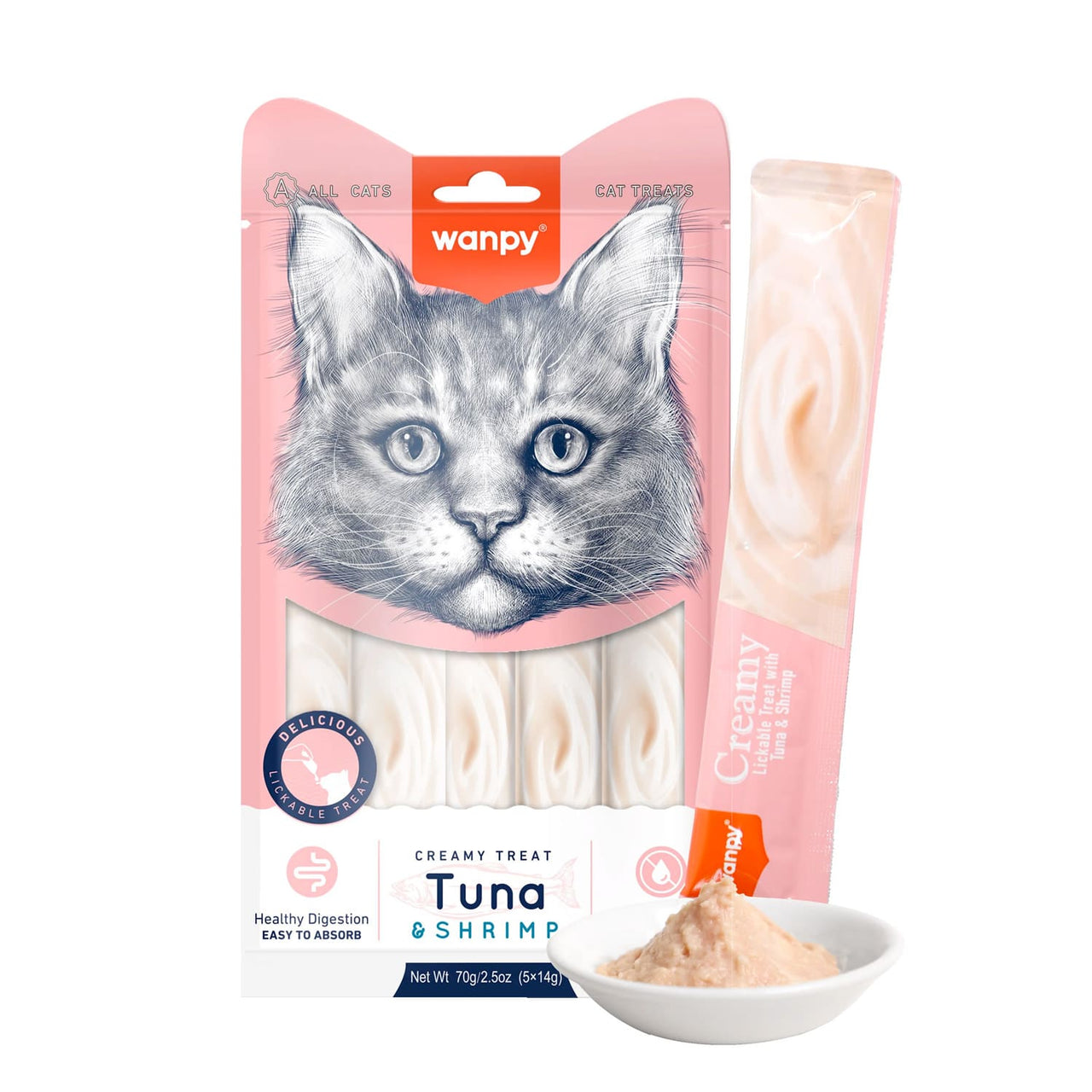 Wanpy Creamy Lickable Cat Treats – Tuna & Shrimp (14gx5) – 1Box 12pcs