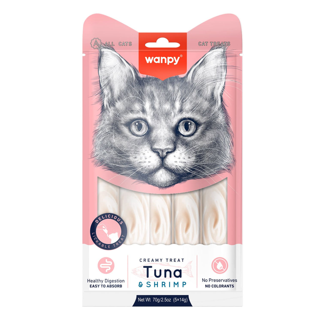 Wanpy Creamy Lickable Cat Treats – Tuna & Shrimp (14gx5) – 1Box 12pcs