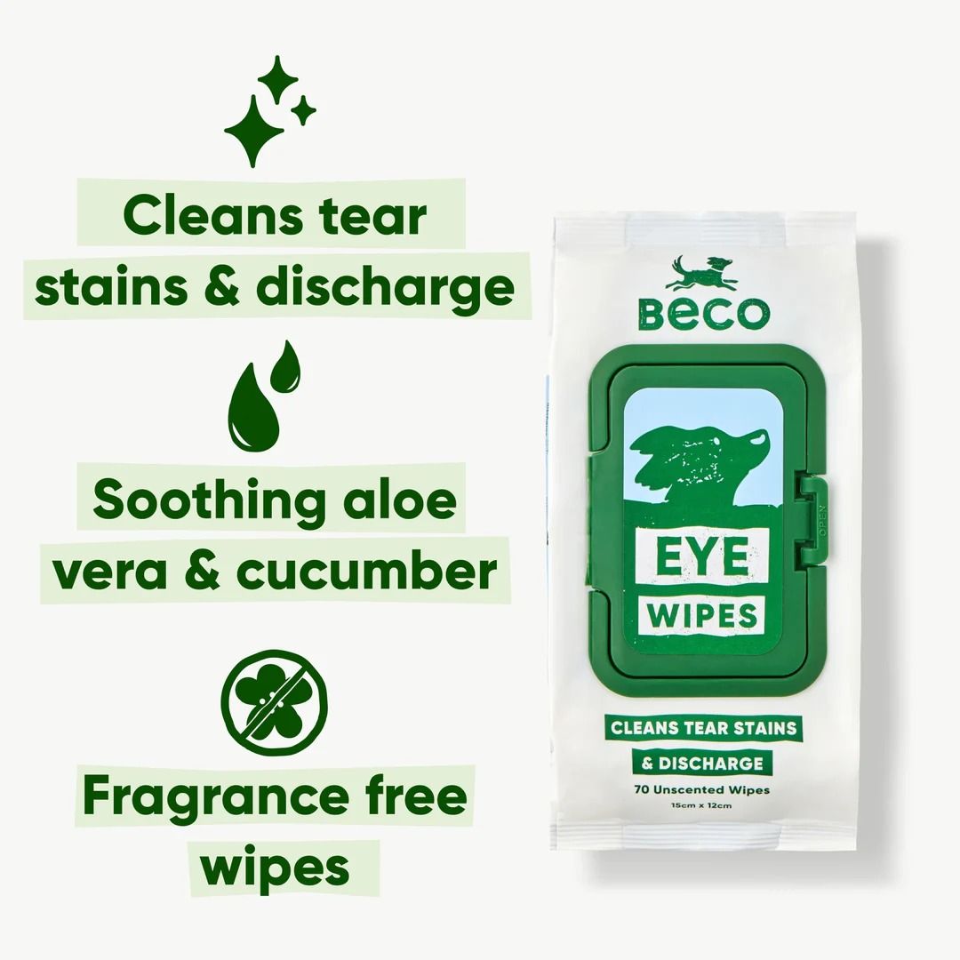 Beco Dog Eye Wipes Cleans Tear Stains & Discharge 70 Unscented Wipes 15 x 12cm -