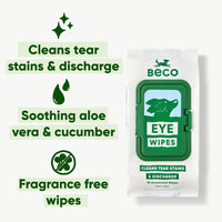 Beco Dog Eye Wipes Cleans Tear Stains & Discharge 70 Unscented Wipes 15 x 12cm -