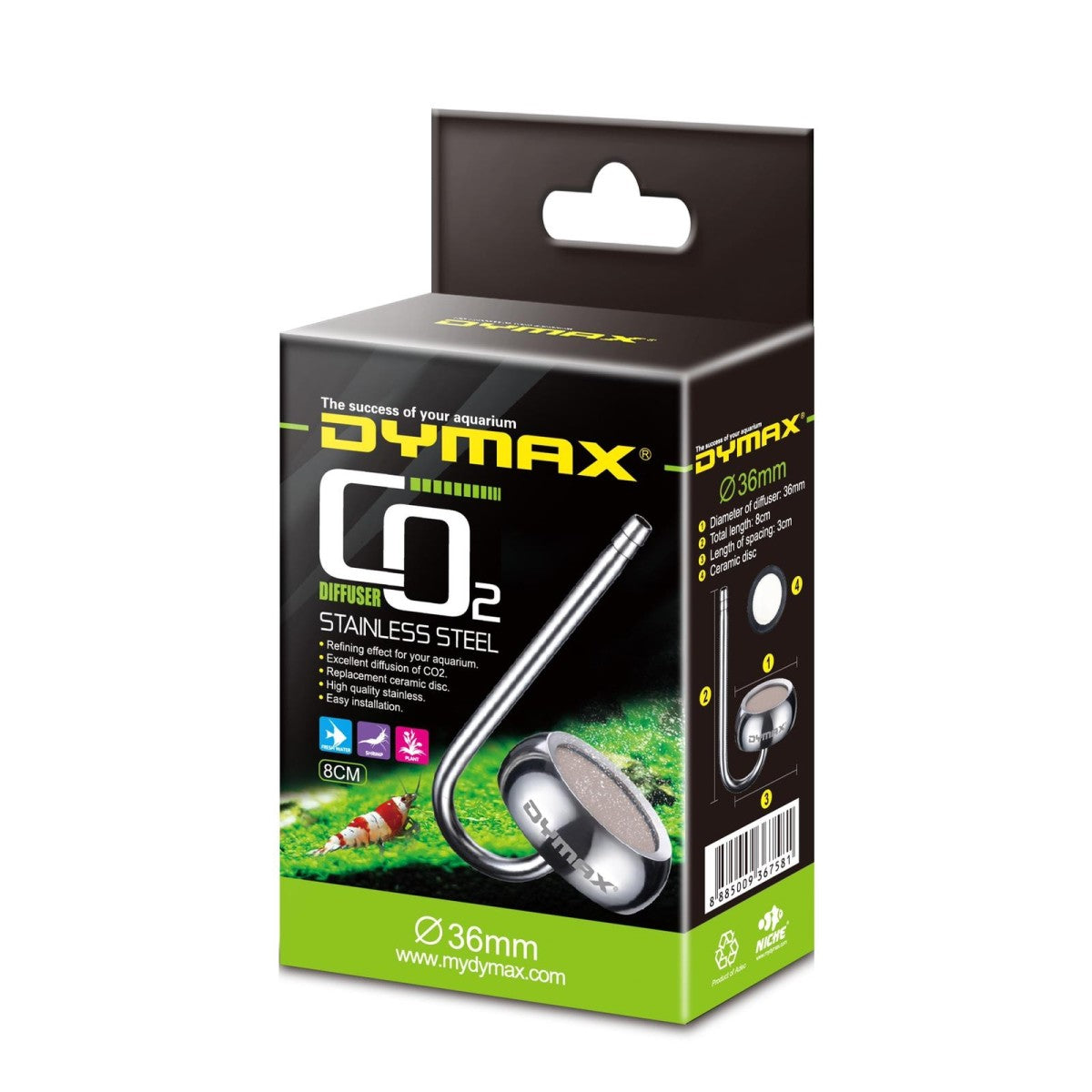 DYMAX STAINLESS STEEL CO2 DIFFUSER DIA. 36mm LENGTH 8cm