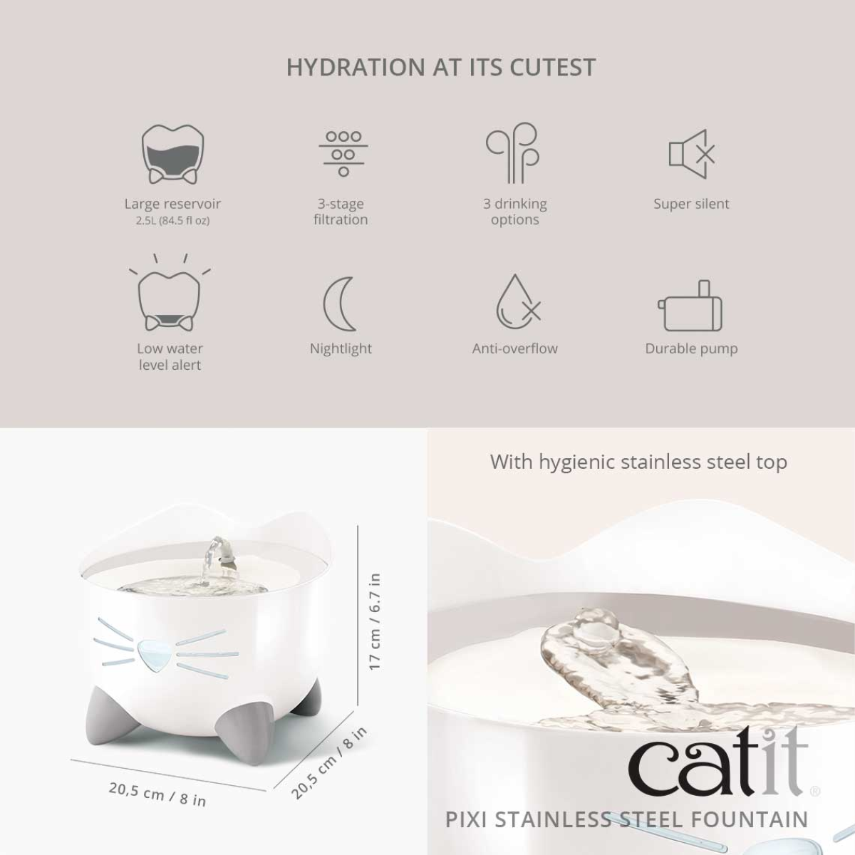 Catit PIXI Stainless Steel Fountain - White/2.5L