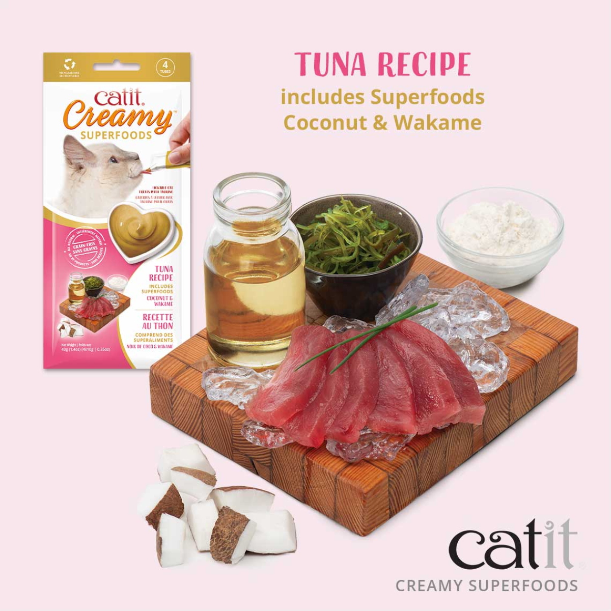 Catit Creamy Superfood Treats, Tuna Recipe with Coconut & Wakame, 12pk/box